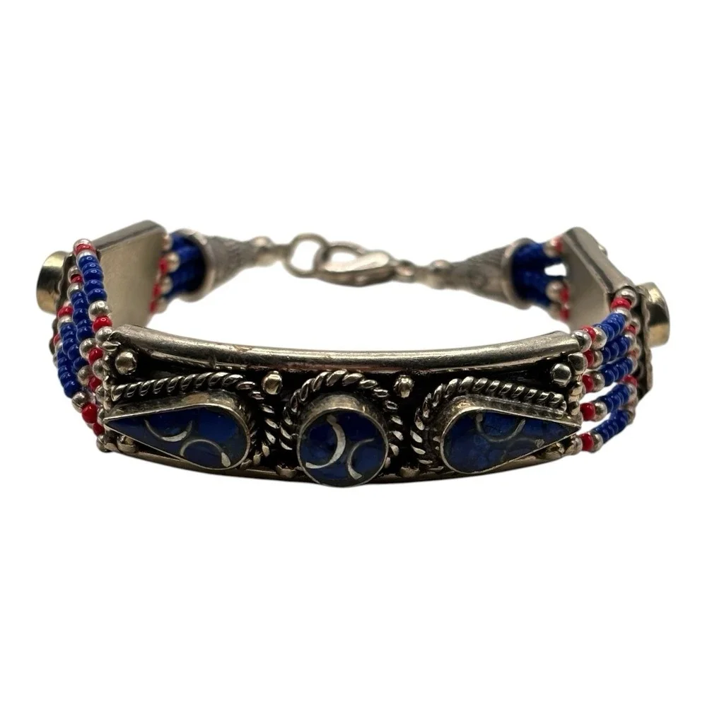 Silver Tone Bracelet Blue Inlay Multi Strand Seed Bead 7
